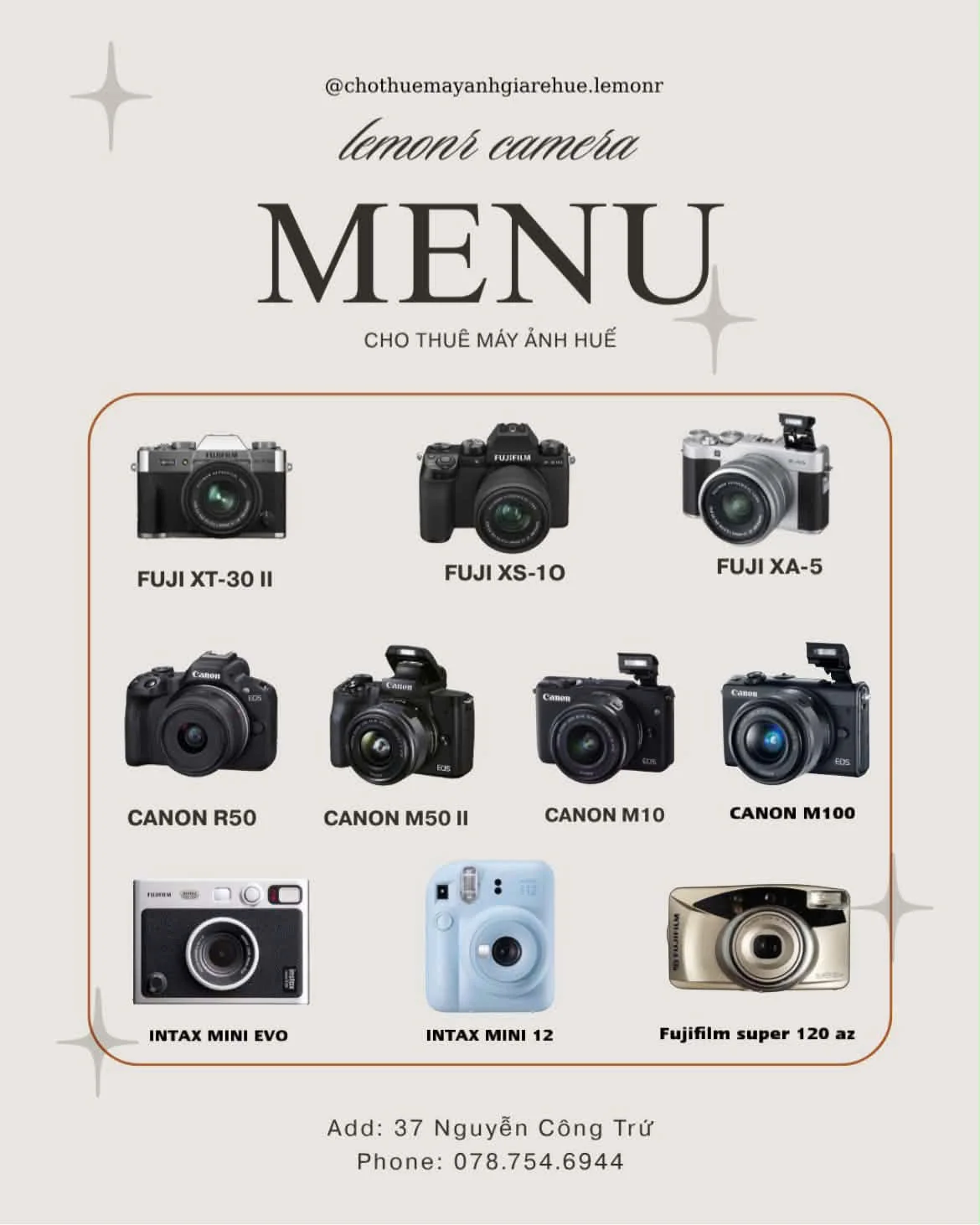 Menu máy ảnh cho thuê của Lemonr Camera: Fuji X-T30 II, X-S10, X-A5, Canon R50, M50 II, M10, M100, Instax mini Evo, mini 12, Fujifilm Super 120 AZ