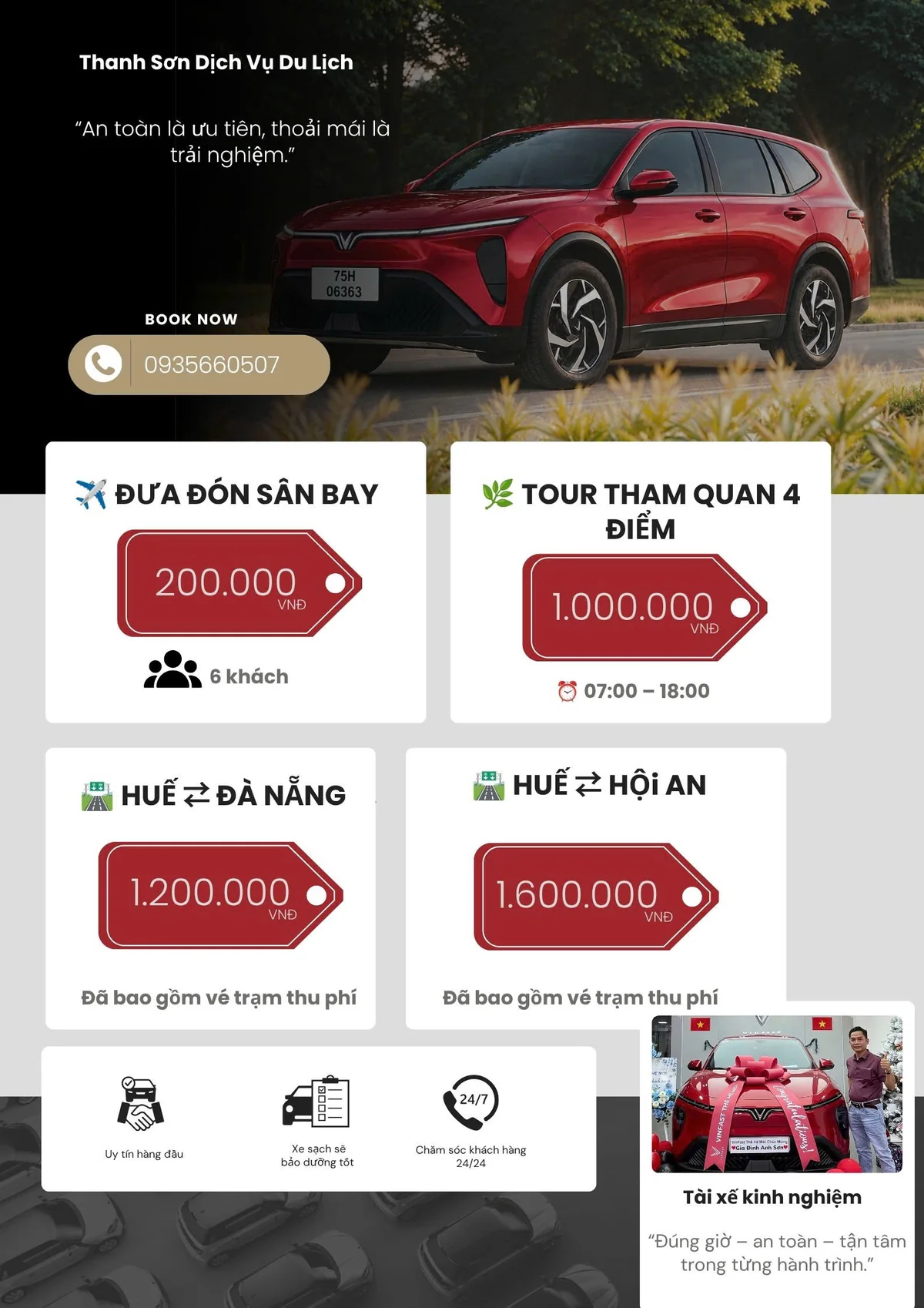 Bảng giá Thanh Sơn Dịch Vụ Du Lịch: đưa đón sân bay 200.000đ (6 khách), tour tham quan 4 điểm 1.000.000đ (07:00–18:00), Huế ⇄ Đà Nẵng 1.200.000đ, Huế ⇄ Hội An 1.600.000đ (đã gồm vé trạm thu phí)